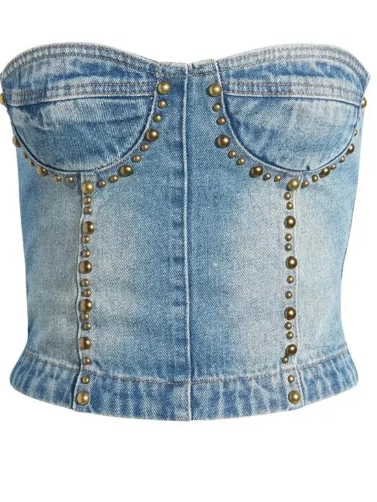 NWT Edikted Studded Washed Denim Lace-Up Corset - Picture 2 of 6